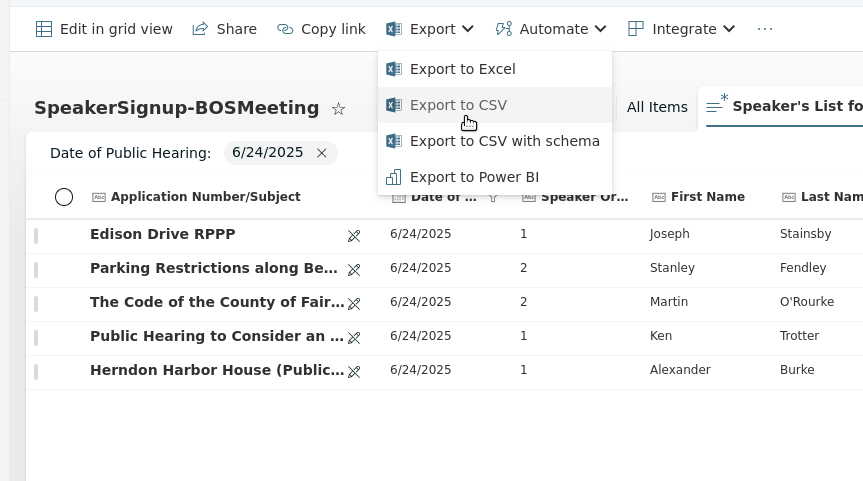 Screenshot of specific hearing list with cursor over "Export" menu's "Export to CSV" button