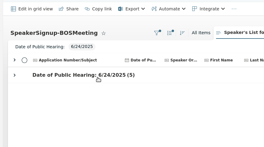 Screenshot of main Speaker Signup page with cursor over a hearing date
